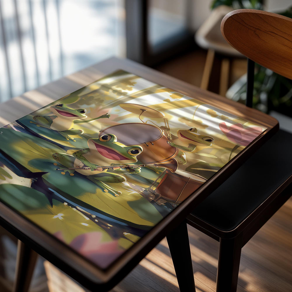 Illustration of frogs playing musical instruments on lily pads with a pond and flowers in the background, as a premium aluminum metal print from GoMetalPrint.