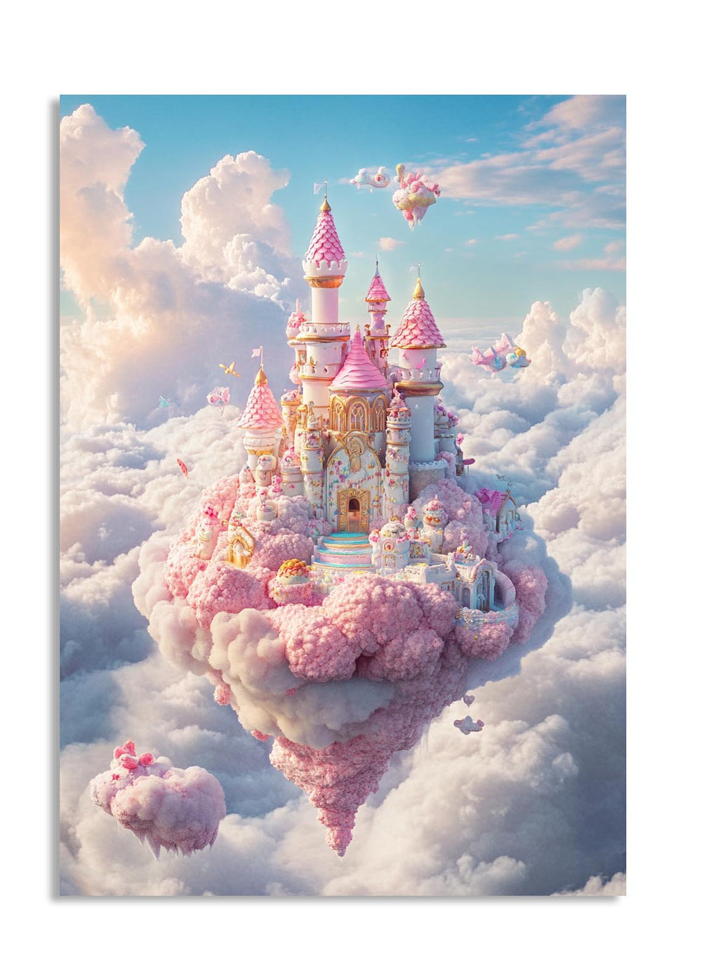 Fantasy pink castle in the clouds with a blue sky background, as a premium aluminum metal print from GoMetalPrint.