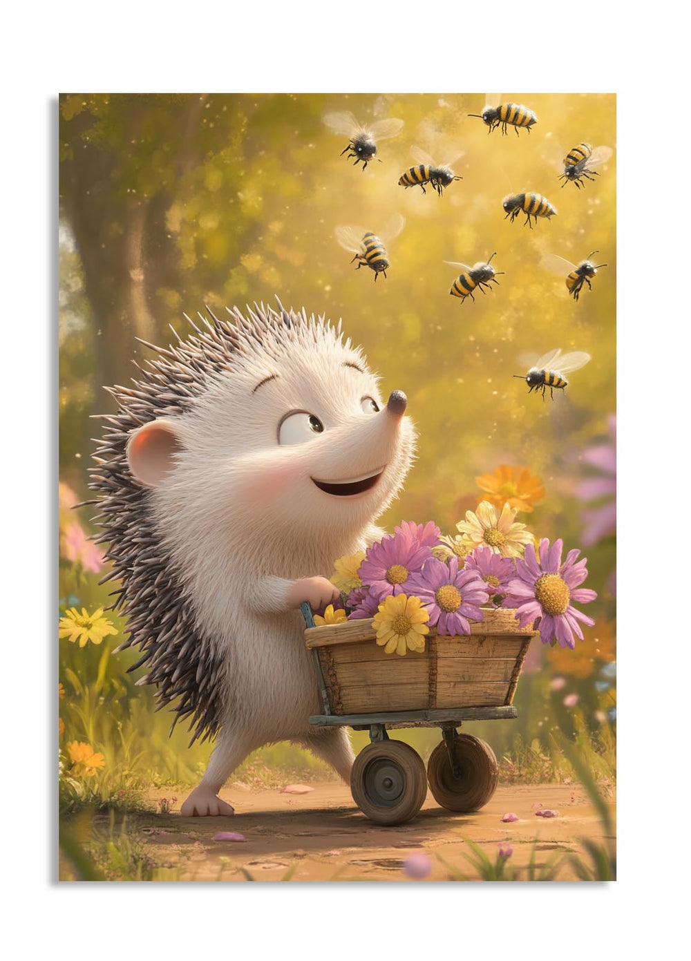 Illustration of a hedgehog with a cart full of flowers and bees in the background , as a premium aluminum metal print from GoMetalPrint.