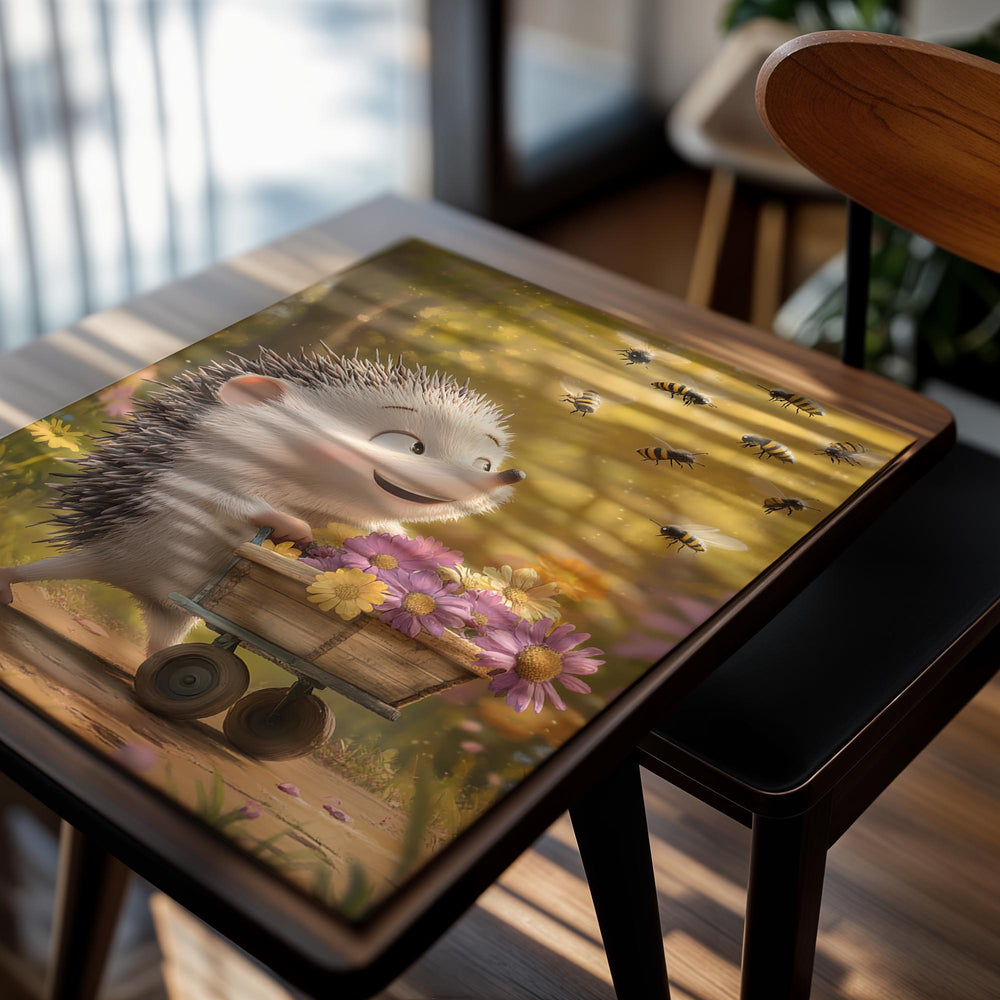 Illustration of a hedgehog with a cart full of flowers and bees in the background , as a premium aluminum metal print from GoMetalPrint.