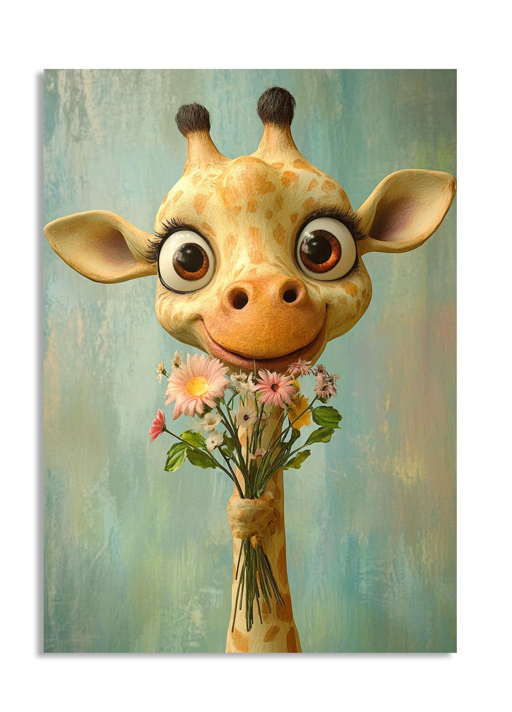 Cartoon giraffe holding a bouquet of flowers against a textured green background, as a premium aluminum metal print from GoMetalPrint.