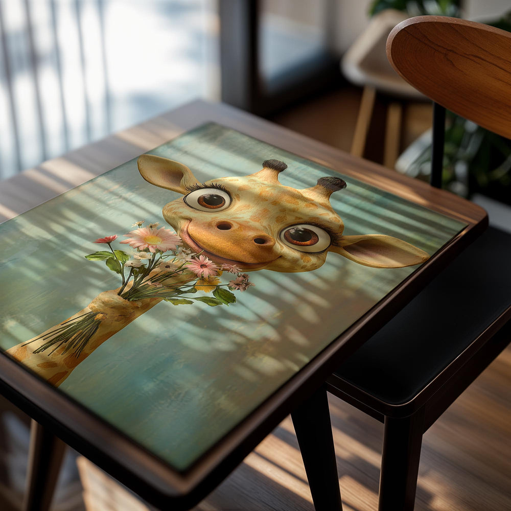 Cartoon giraffe holding a bouquet of flowers against a textured green background, as a premium aluminum metal print from GoMetalPrint.