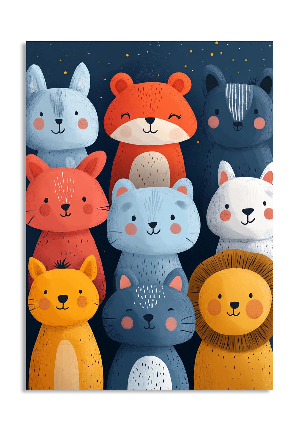Illustration of various animal faces on a dark blue background, as a premium aluminum metal print from GoMetalPrint.
