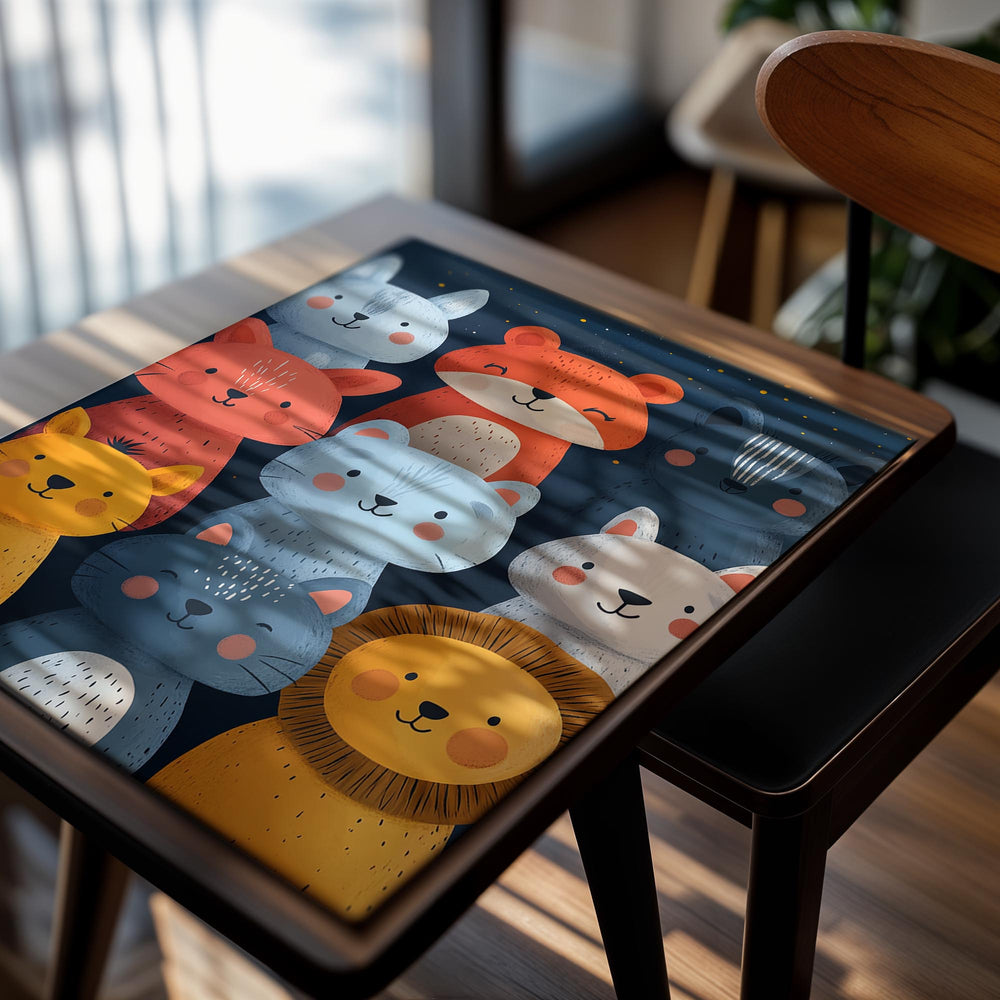 Illustration of various animal faces on a dark blue background, as a premium aluminum metal print from GoMetalPrint.