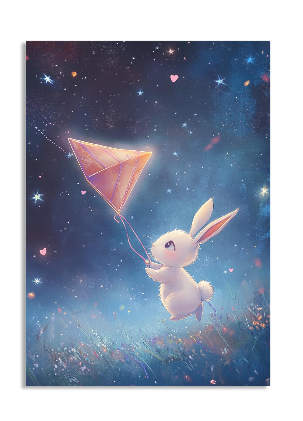 Illustration of a white rabbit flying with a pink kite against a starry night sky, as a premium aluminum metal print from GoMetalPrint.