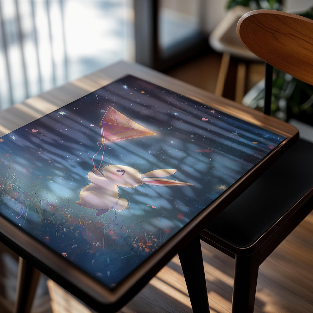 Illustration of a white rabbit flying with a pink kite against a starry night sky, as a premium aluminum metal print from GoMetalPrint.