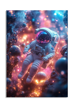 Astronaut in space with colorful nebula and stars, as a premium aluminum metal print from GoMetalPrint.