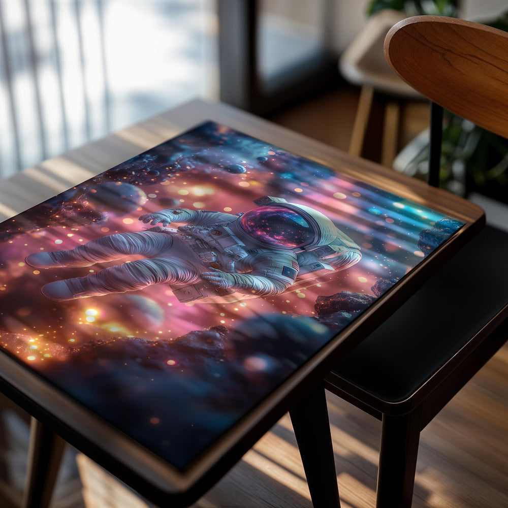 Astronaut in space with colorful nebula and stars, as a premium aluminum metal print from GoMetalPrint.