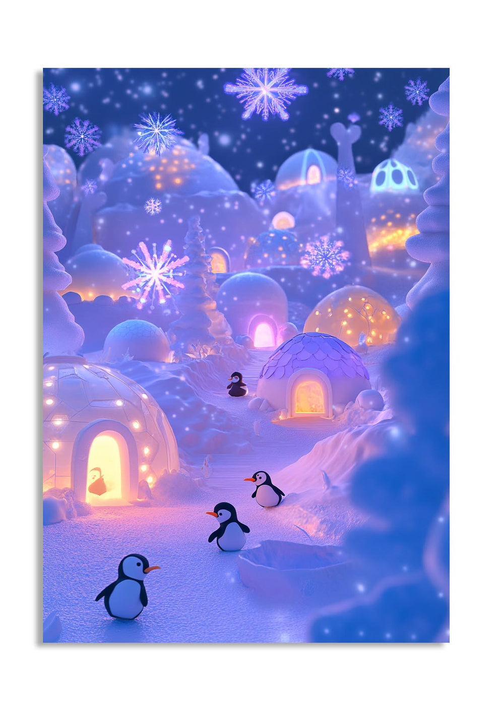 Illustration of a snowy village with igloos and penguins at night, as a premium aluminum metal print from GoMetalPrint.