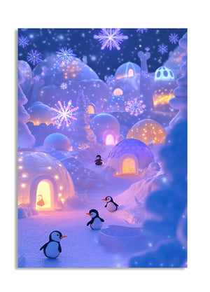 Illustration of a snowy village with igloos and penguins at night, as a premium aluminum metal print from GoMetalPrint.