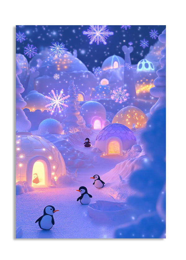 Illustration of a snowy village with igloos and penguins at night, as a premium aluminum metal print from GoMetalPrint.