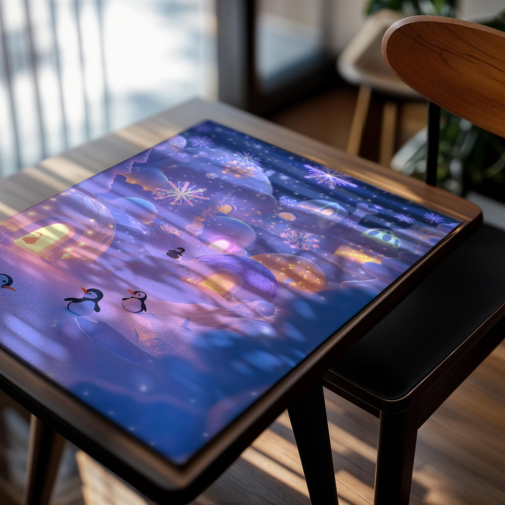 Illustration of a snowy village with igloos and penguins at night, as a premium aluminum metal print from GoMetalPrint.