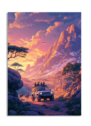 Scenic landscape with a vehicle and people on an African savanna at sunset , as a premium aluminum metal print from GoMetalPrint.