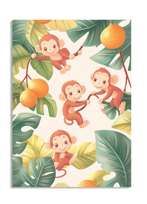 Illustration of monkeys and oranges with a colorful background, as a premium aluminum metal print from GoMetalPrint.