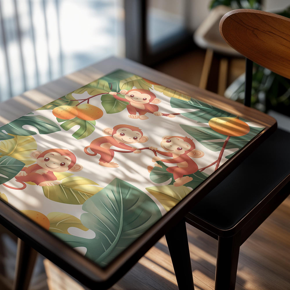 Illustration of monkeys and oranges with a colorful background, as a premium aluminum metal print from GoMetalPrint.