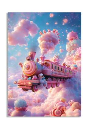 Fantasy scene with a pink train on clouds and candy-like elements, as a premium aluminum metal print from GoMetalPrint.