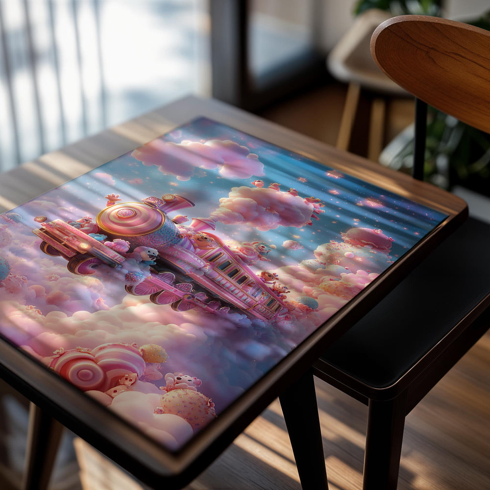 Fantasy scene with a pink train on clouds and candy-like elements, as a premium aluminum metal print from GoMetalPrint.