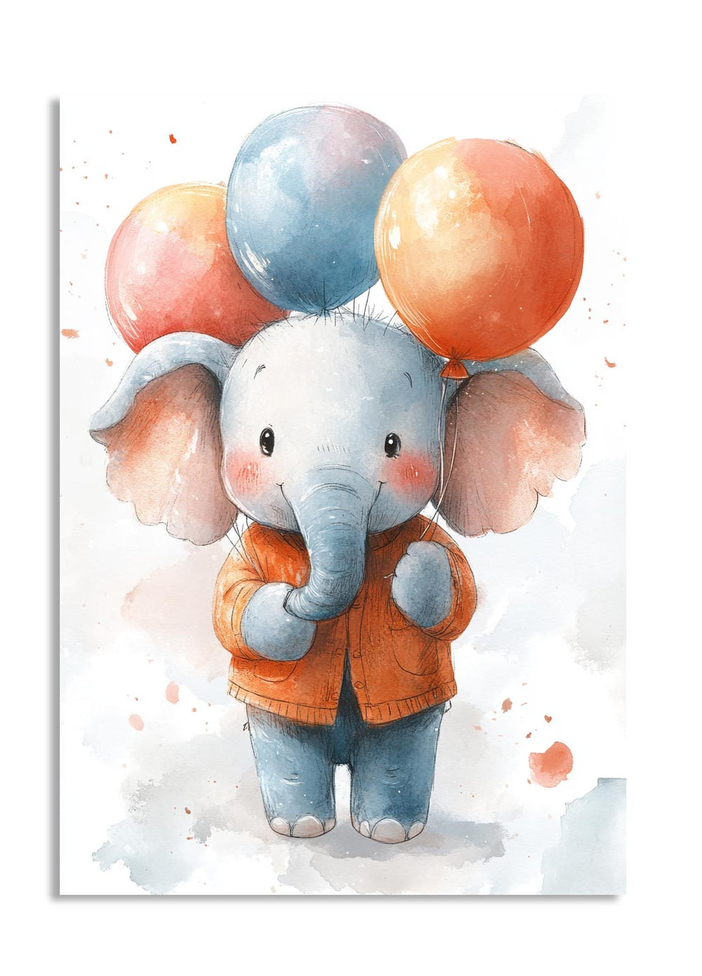 Illustration of a cute elephant holding balloons with a watercolor background, as a premium aluminum metal print from GoMetalPrint.
