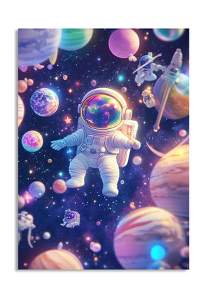Colorful illustration of an astronaut in space with planets and stars, as a premium aluminum metal print from GoMetalPrint.