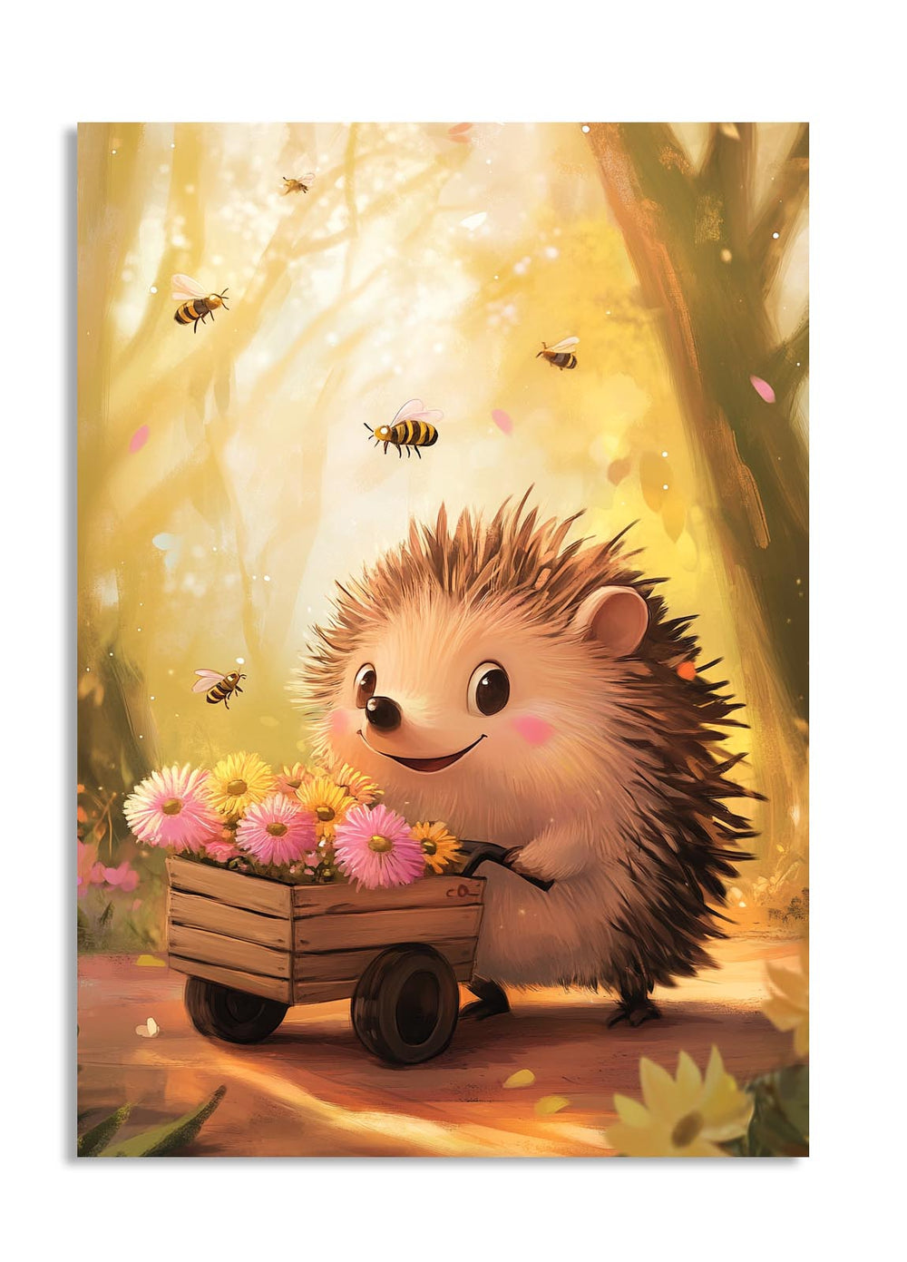 Illustration of a hedgehog with a cart full of flowers in a forest setting, as a premium aluminum metal print from GoMetalPrint.