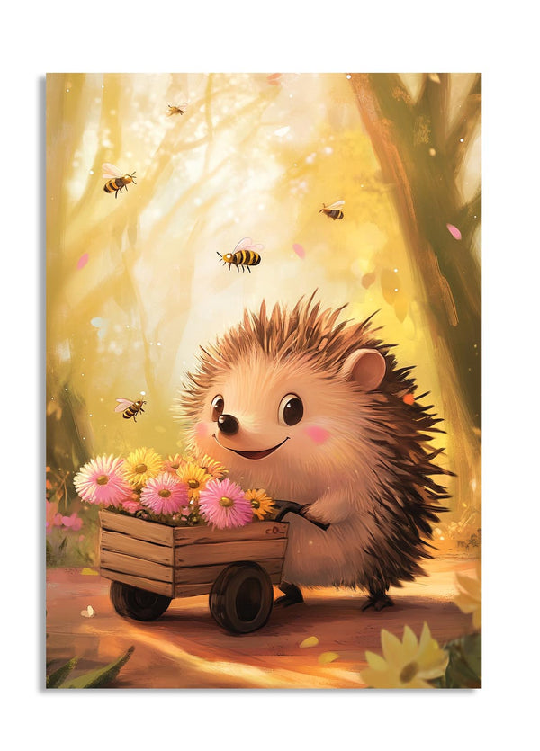 Illustration of a hedgehog with a cart full of flowers in a forest setting, as a premium aluminum metal print from GoMetalPrint.