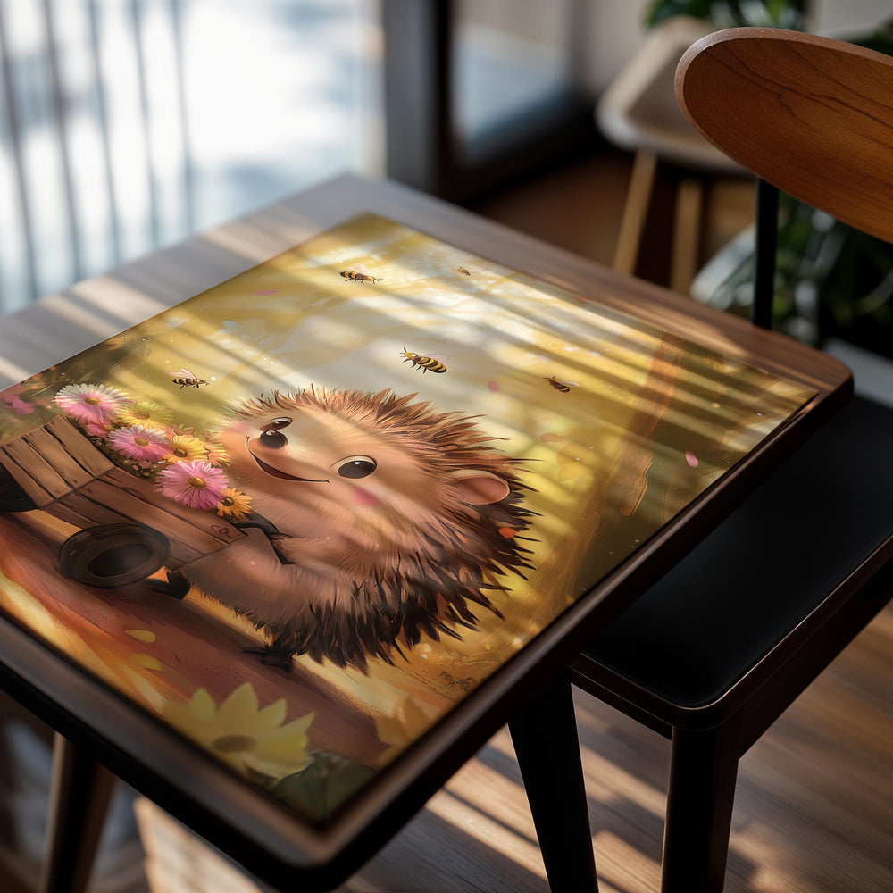 Illustration of a hedgehog with a cart full of flowers in a forest setting, as a premium aluminum metal print from GoMetalPrint.