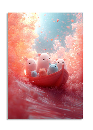 Illustration of cute animal characters in a red boat with a soft, colorful background, as a premium aluminum metal print from GoMetalPrint.