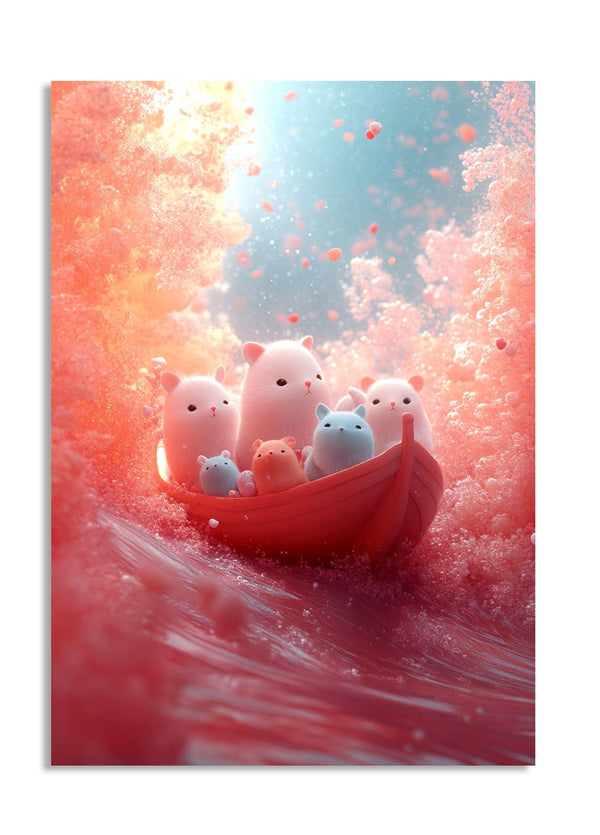 Illustration of cute animal characters in a red boat with a soft, colorful background, as a premium aluminum metal print from GoMetalPrint.