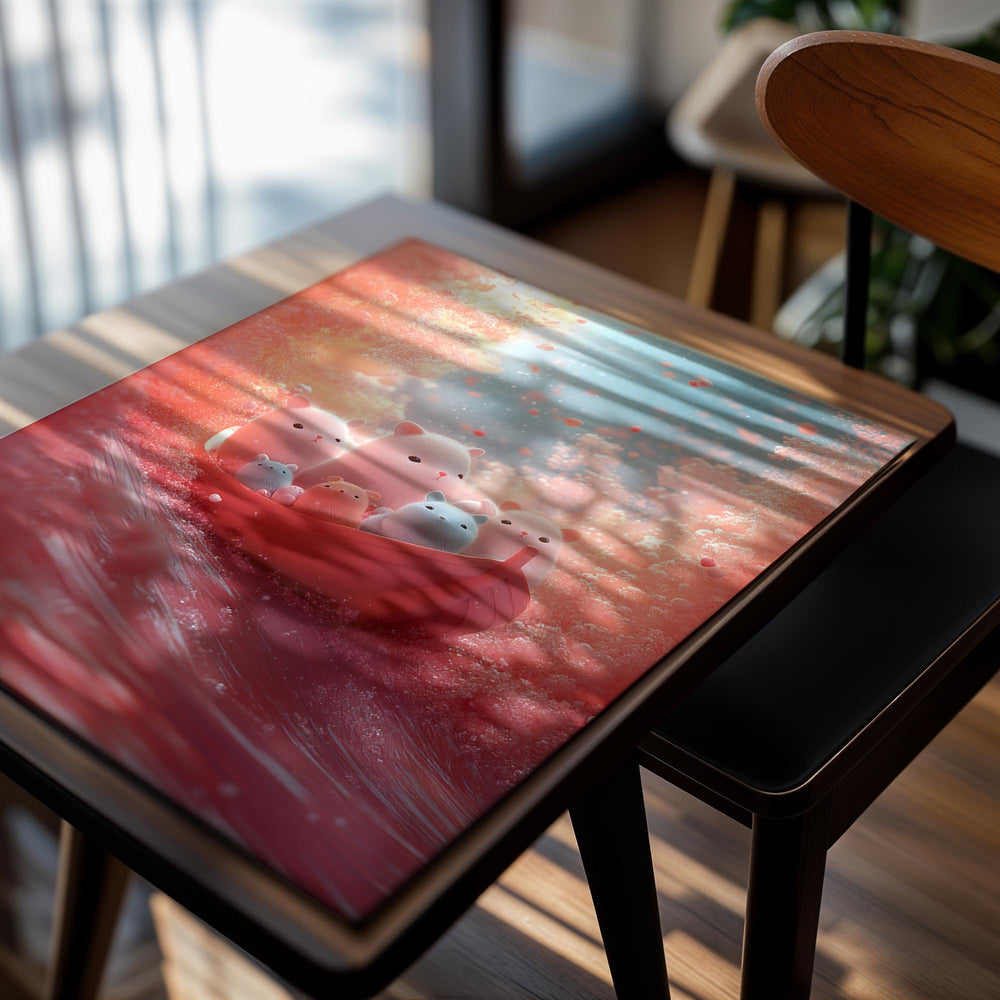 Illustration of cute animal characters in a red boat with a soft, colorful background, as a premium aluminum metal print from GoMetalPrint.