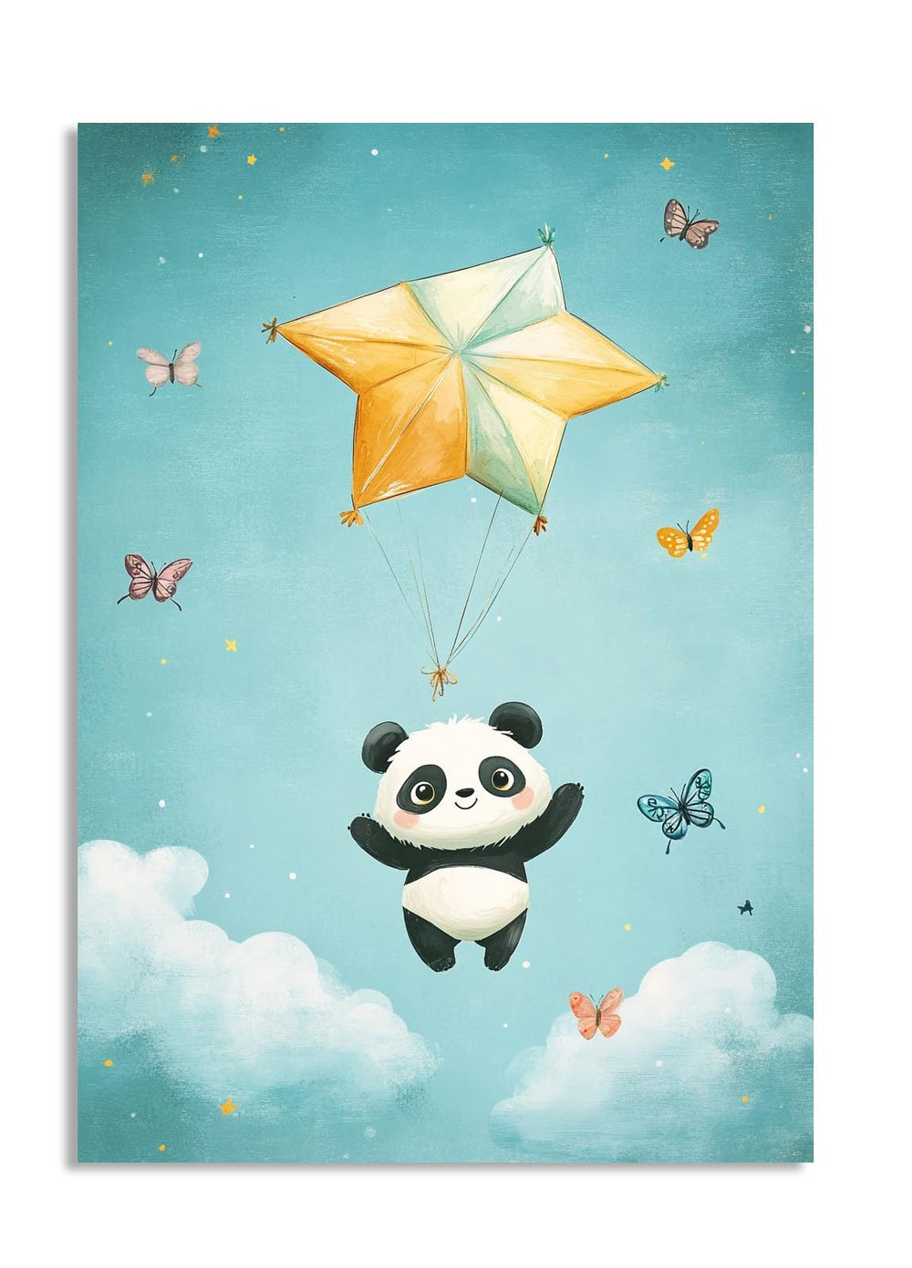 Illustration of a panda bear floating in the sky with a star-shaped balloon and butterflies, as a premium aluminum metal print from GoMetalPrint.