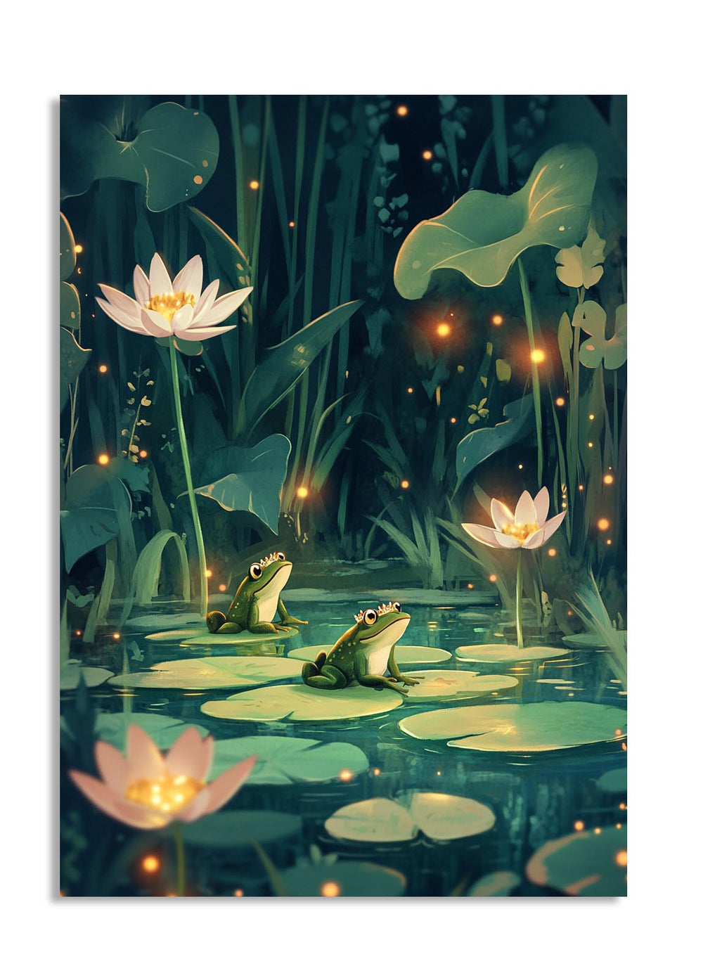 Illustration of two frogs on lily pads with glowing flowers and lights in a dark forest setting, as a premium aluminum metal print from GoMetalPrint.