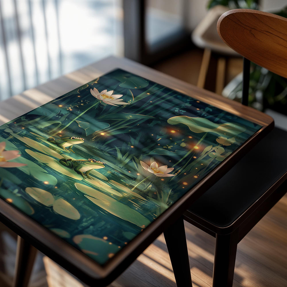 Illustration of two frogs on lily pads with glowing flowers and lights in a dark forest setting, as a premium aluminum metal print from GoMetalPrint.