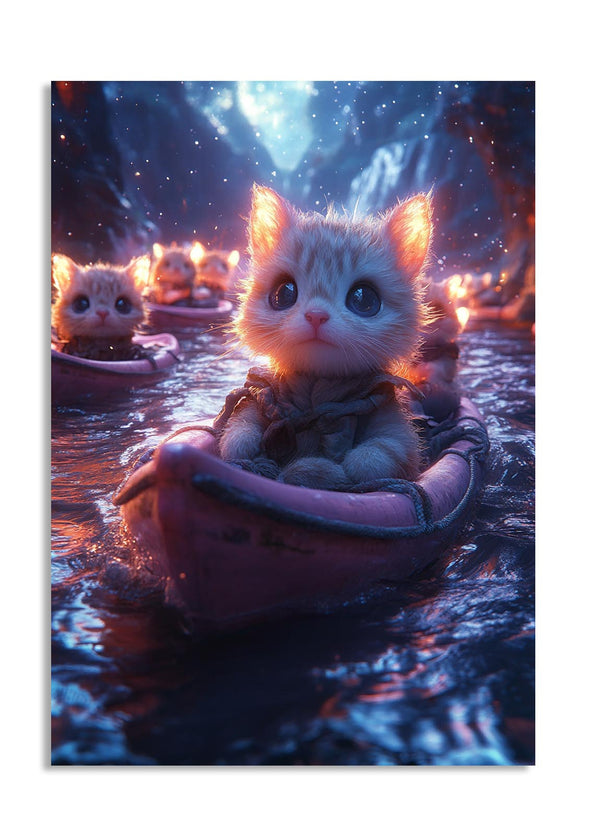 Illustration of a cute cat-like creature in a boat with a fantasy background, as a premium aluminum metal print from GoMetalPrint.