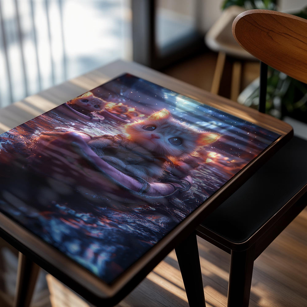 Illustration of a cute cat-like creature in a boat with a fantasy background, as a premium aluminum metal print from GoMetalPrint.