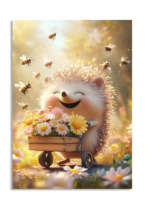 Illustration of a hedgehog with a cart full of flowers and bees in the background, as a premium aluminum metal print from GoMetalPrint.