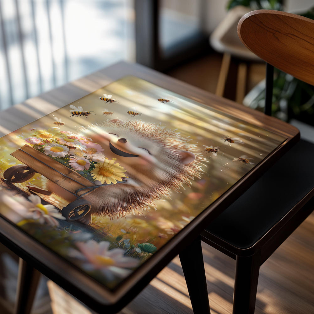Illustration of a hedgehog with a cart full of flowers and bees in the background, as a premium aluminum metal print from GoMetalPrint.