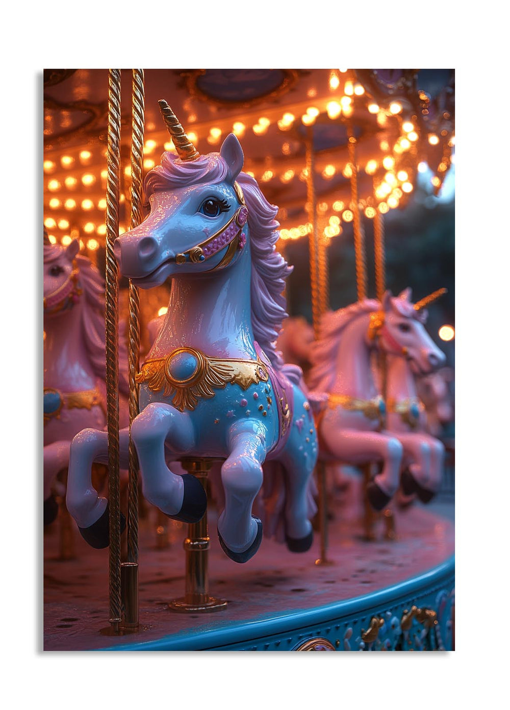 Carrousel with a unicorn figure at night, as a premium aluminum metal print from GoMetalPrint.