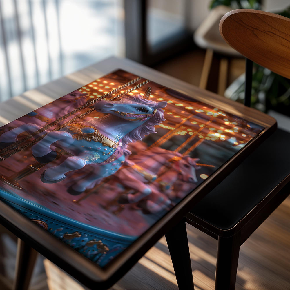 Carrousel with a unicorn figure at night, as a premium aluminum metal print from GoMetalPrint.