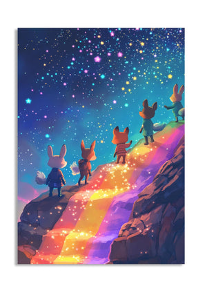 Illustration of foxes standing on a rainbow path under a starry sky, as a premium aluminum metal print from GoMetalPrint.