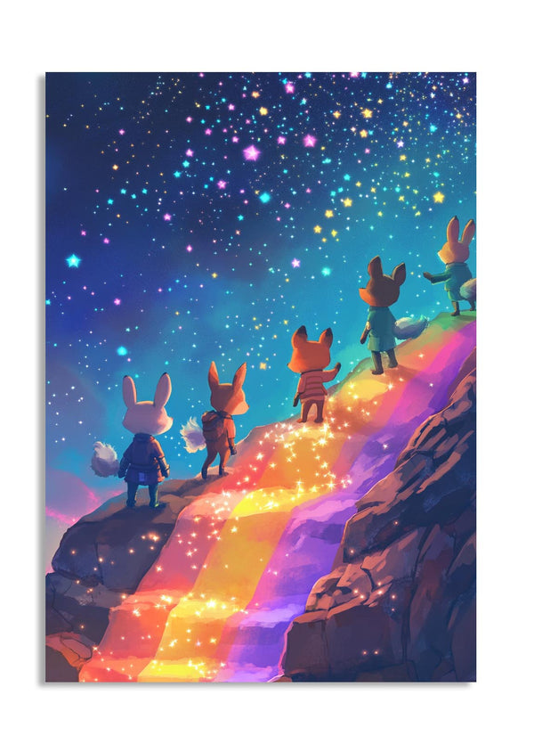 Illustration of foxes standing on a rainbow path under a starry sky, as a premium aluminum metal print from GoMetalPrint.