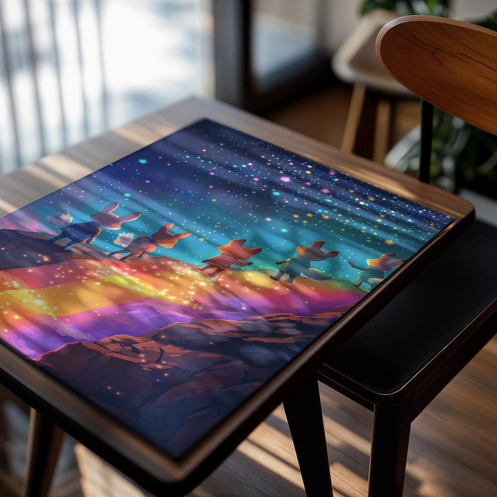 Illustration of foxes standing on a rainbow path under a starry sky, as a premium aluminum metal print from GoMetalPrint.