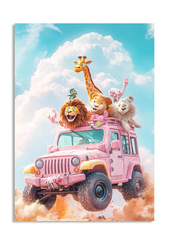Pink jeep with cartoon animals on a cloud background, as a premium aluminum metal print from GoMetalPrint.