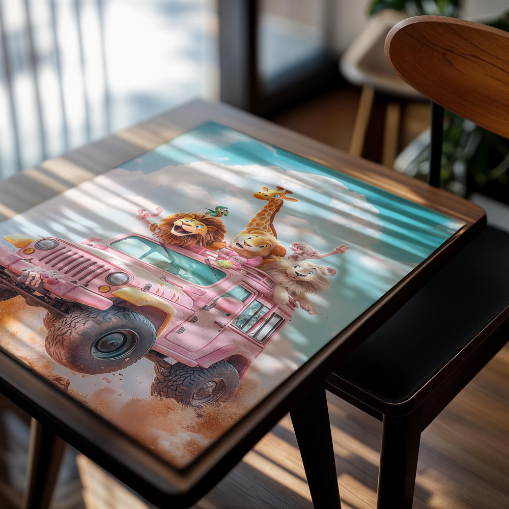 Pink jeep with cartoon animals on a cloud background, as a premium aluminum metal print from GoMetalPrint.