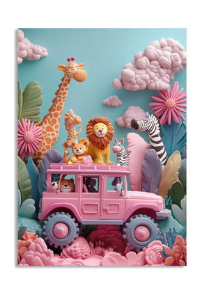 Colorful children's poster with a pink car, animals, and floral elements on a blue background, as a premium aluminum metal print from GoMetalPrint.