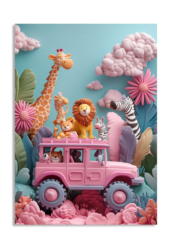 Colorful children's poster with a pink car, animals, and floral elements on a blue background, as a premium aluminum metal print from GoMetalPrint.