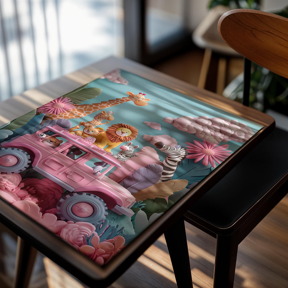 Colorful children's poster with a pink car, animals, and floral elements on a blue background, as a premium aluminum metal print from GoMetalPrint.