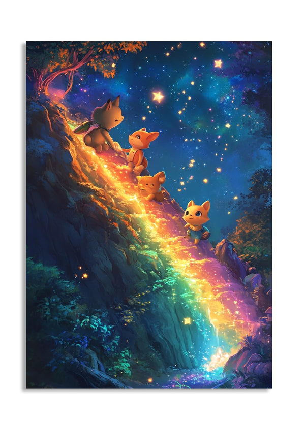 Four animal characters standing on a rainbow in a fantasy forest with stars in the sky, as a premium aluminum metal print from GoMetalPrint.