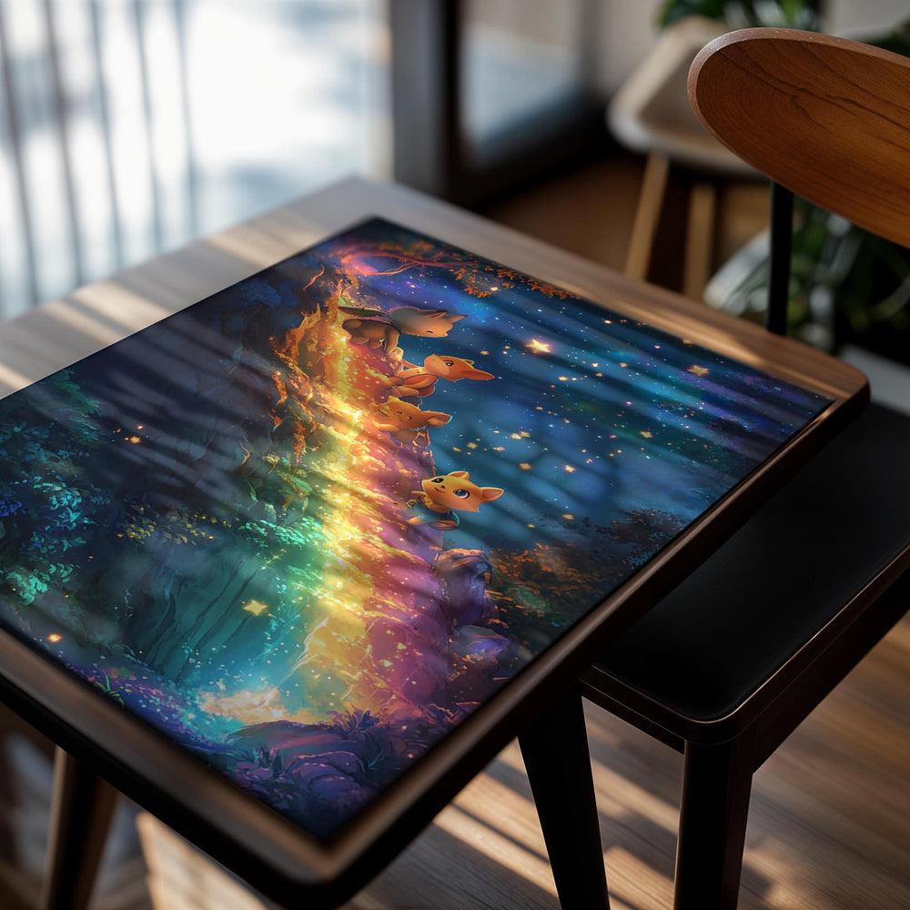 Four animal characters standing on a rainbow in a fantasy forest with stars in the sky, as a premium aluminum metal print from GoMetalPrint.