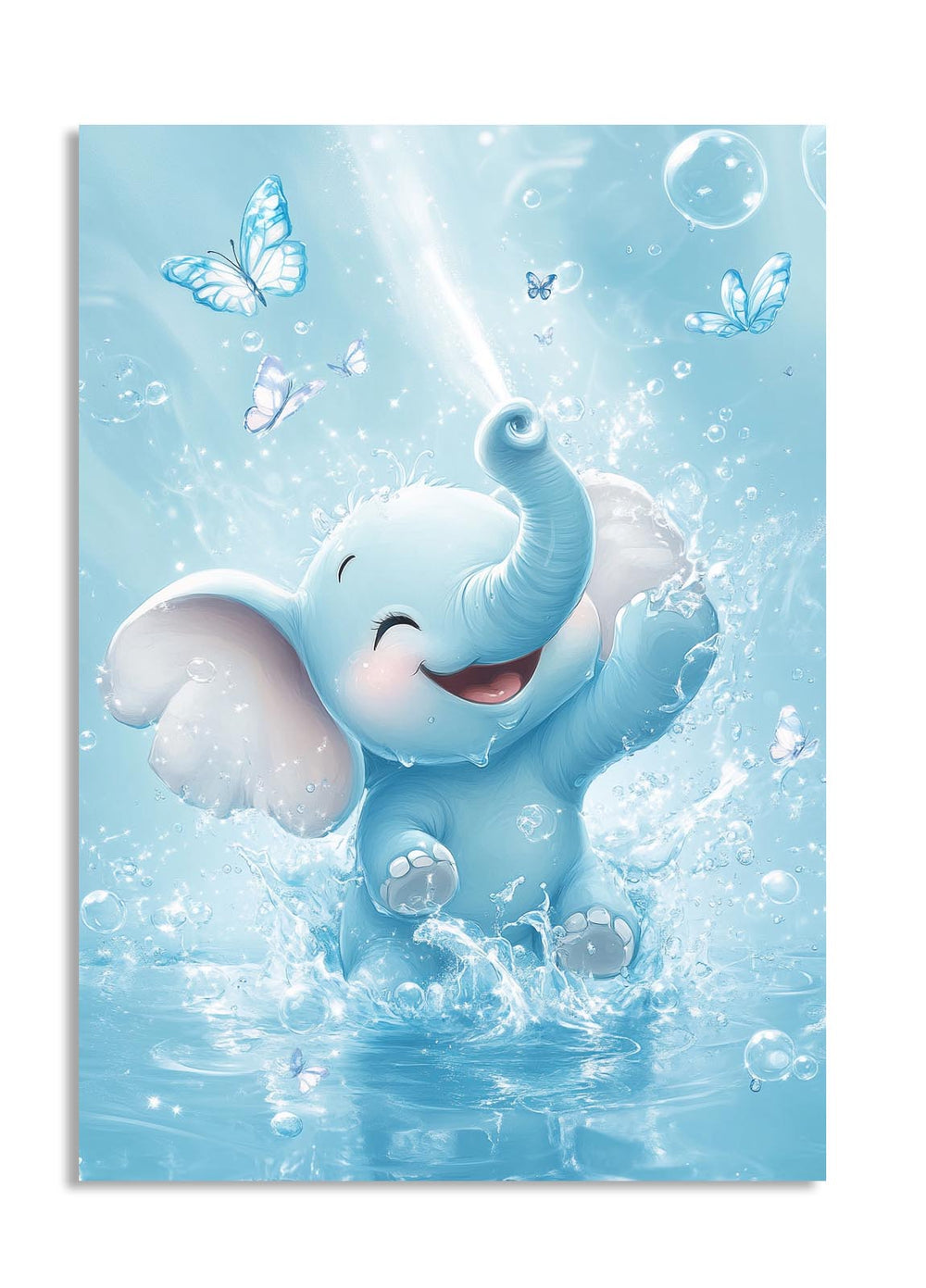 Cartoon elephant in water with bubbles and butterflies on a light blue background, as a premium aluminum metal print from GoMetalPrint.