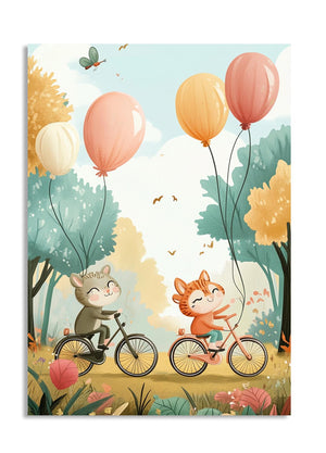 Illustration of two animals riding bicycles with balloons in a forest setting, as a premium aluminum metal print from GoMetalPrint.